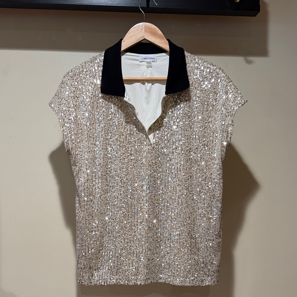 Calvin Klein Gold Sequin Short Sleeve Polo Top with Black Collar